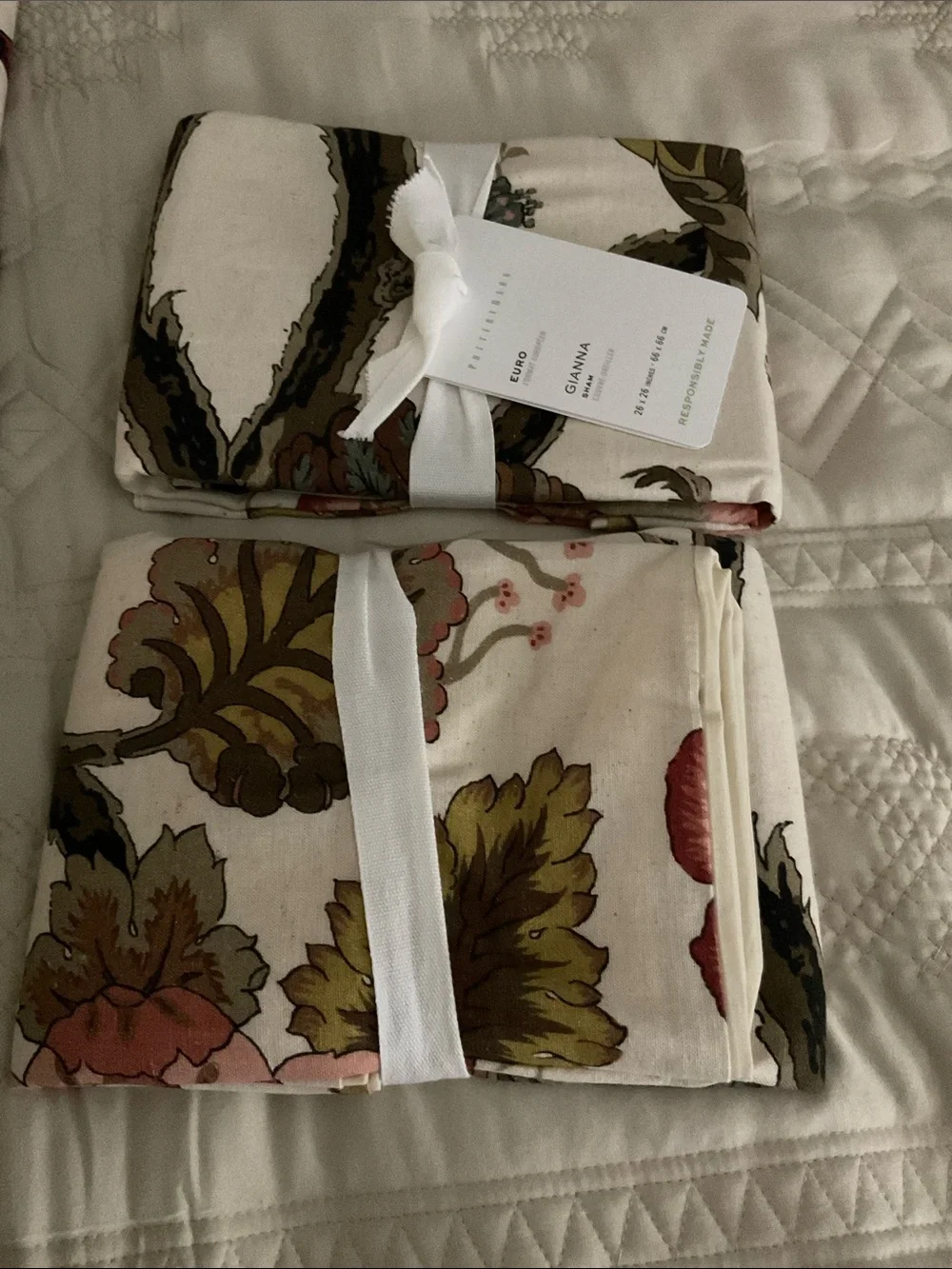 Pottery Barn Floral Throw Pillow Pair in Cream, Olive, and Rose